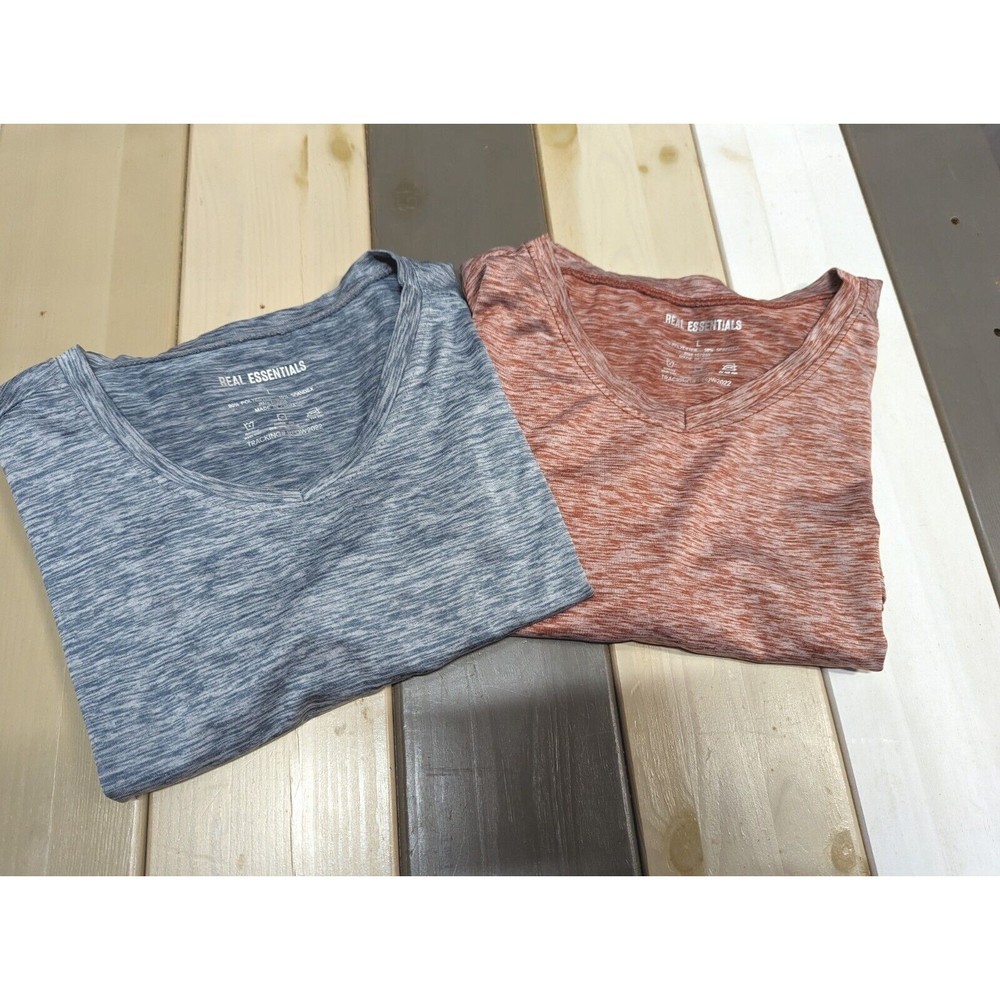 Real Essentials Shirts Mens L Rust Blue Lot/2 Gym Training Performance Athletic